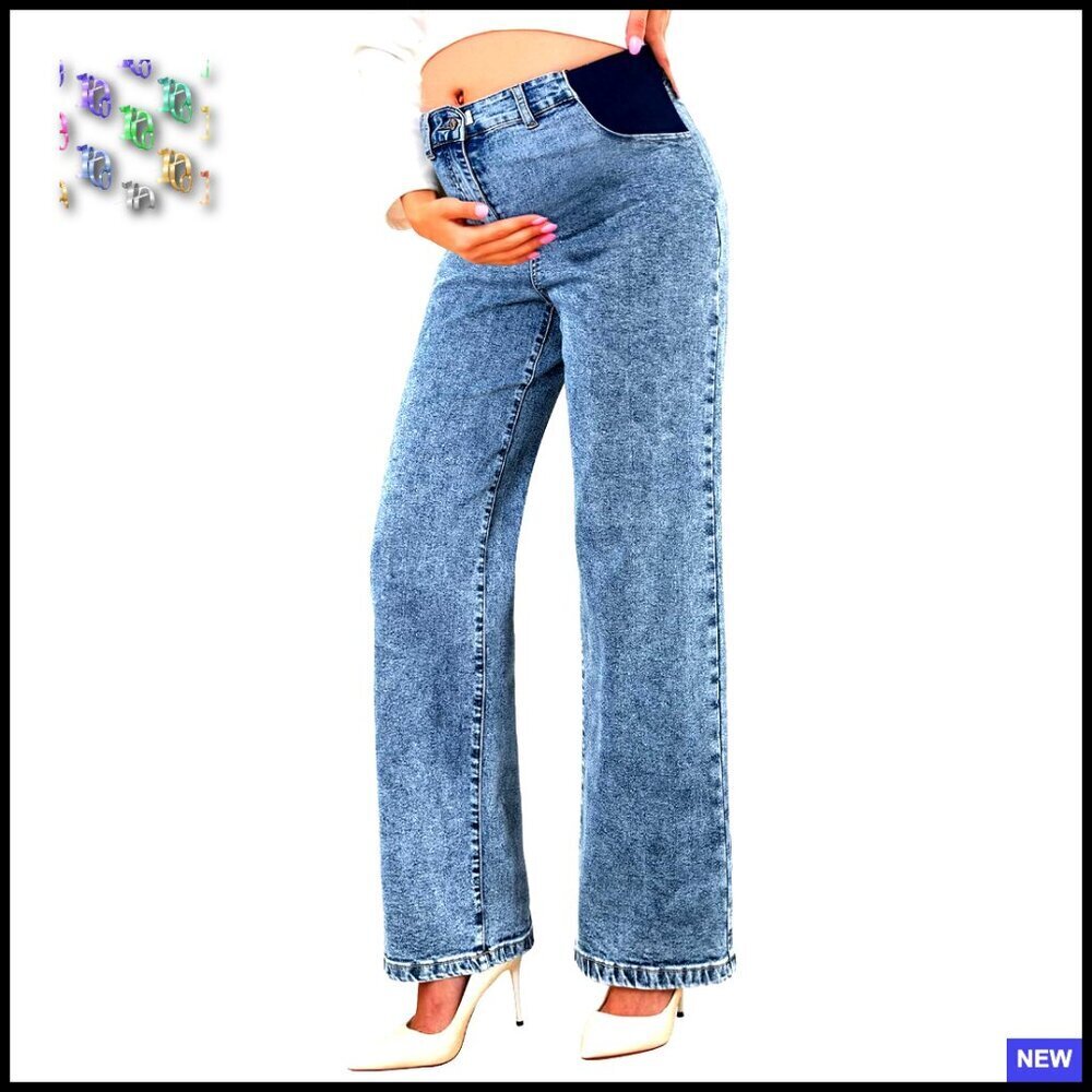 Maternity Jeans High Waist Straight Leg Denim Pants Adjustable Waistband